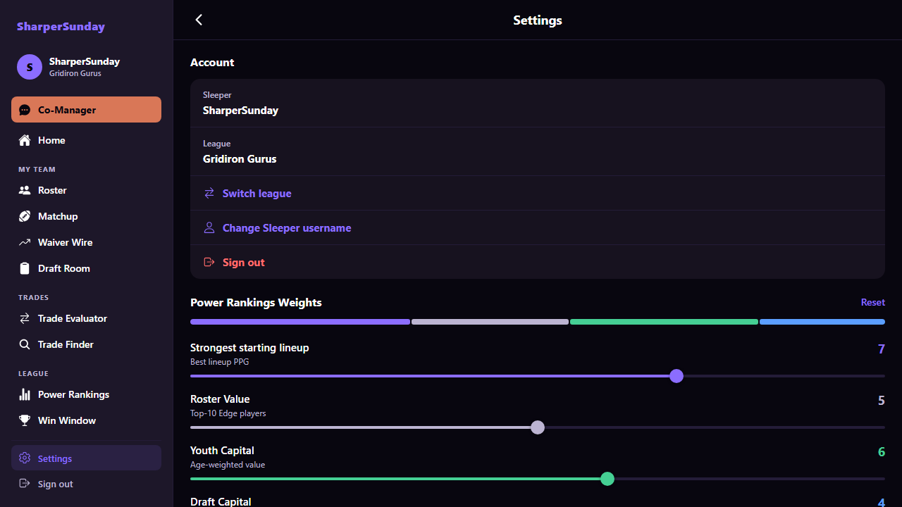 SharperSunday Settings — Power Rankings Weights, with sliders for Strongest starting lineup, Roster Value, Youth Capital, and Draft Capital that re-rank the league.